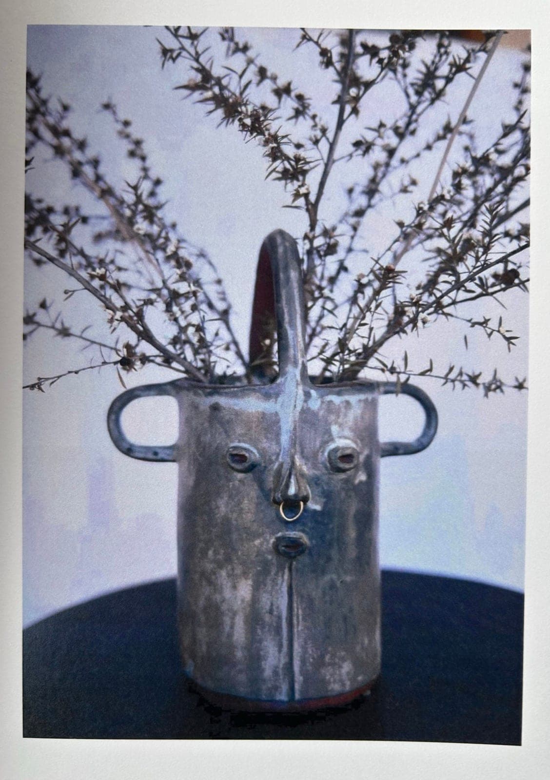 A grey vessel with a face and two loop handles, filled with dry branches